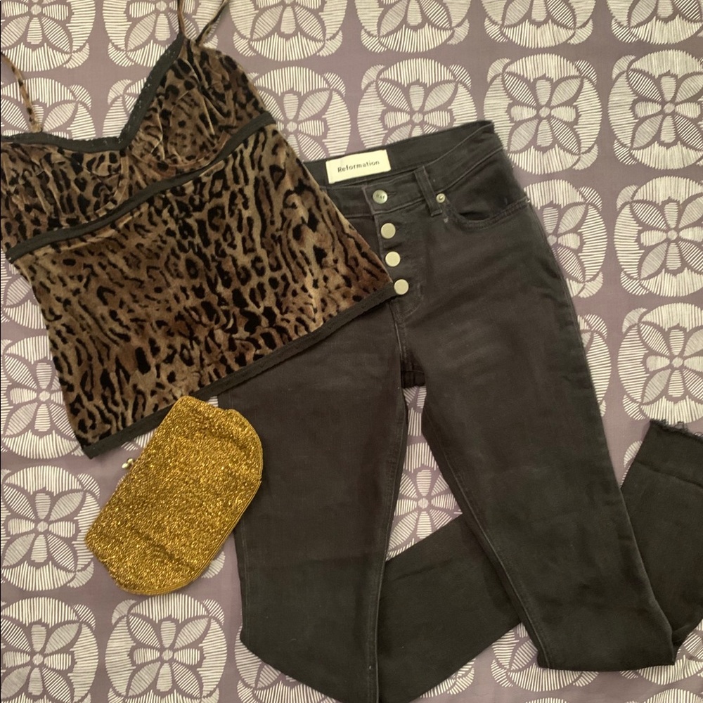 Reformation Stretch Button Fly Black Crop Jeans 24